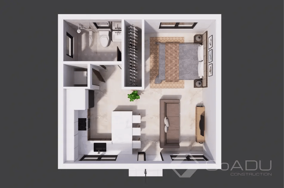 Efficient Studio ADU Layout